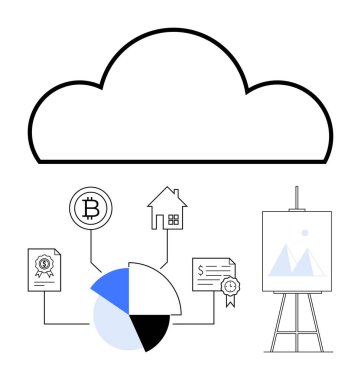 Zirvedeki bulut turta grafiği, kripto para birimi, ev, belgeler ve analitik çizelge gibi çeşitli elementlerle bağlantılı. Teknoloji, finans, veri depolama ve emlak sektörü için ideal