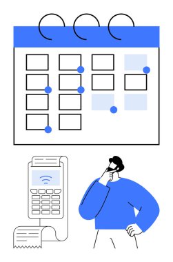 Belirlenmiş tarihli takvim, faturalı ödeme terminali, insan düşüncesi. Zamanlama, finans, planlama, bütçe, zaman yönetimi karar verme dijital ödemesi için ideal. Düz basit metafor