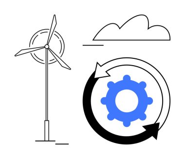 Dönen bıçakları, bulutu, dairesel okları olan rüzgar türbini yenilenebilir enerji ve sürdürülebilirliği vurguluyor. Temiz enerji, eko-teknoloji, çevre ve yeşil yenilik için ideal