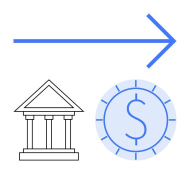 Bankacılık kurumu ikonu, dolar parası ve mavi ok finansal büyümeyi, ilerlemeyi ve geçişi sembolize eder. Finans, bankacılık, ekonomi yatırımı için ideal ödeme zenginliği kavramları. Düz