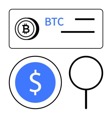 Bitcoin ve Dolar sembolleri UI elementleri ve ekonomik analiz öneren büyüteçle eşleştirildi. Finans, kripto para birimi, yatırım, blok zinciri, pazar eğilimleri, işlemler, düz basit