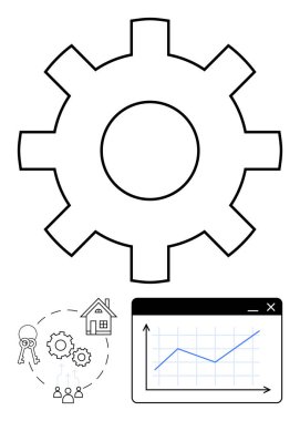Vites tekerleği renklendirme süreci yönetimi, anahtar, ev ve grafik büyüme eğilimli ev satın alma simgeleri. Gayrimenkul, iş, takım çalışması, strateji, finans planlama dairesi için ideal