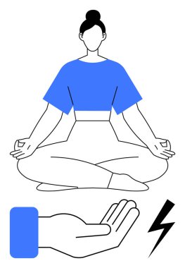 Nilüfer çiçekli kadın sakin bir el hareketi ve yıldırım enerjisi sembolüyle meditasyon yapıyor. Rahatlama, sağIık, farkındalık, yoga pratiği, enerji odaklanma, iç huzur, sağlık farkındalığı için ideal. Düz