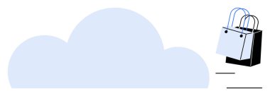 Bir çift alışveriş çantasının yanında bulut şeklinde. E-ticaret, bulut depolama, online alışveriş, dijital dönüşüm, modern perakende, teknoloji hizmetleri ve yenilik için ideal. Soyut çizgi düz metafor