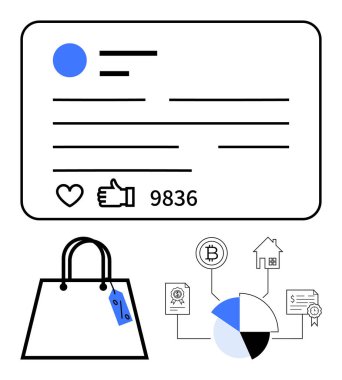 Kullanıcı profili, alışveriş çantası, indirim etiketi, pasta grafiği, kripto para, gayrimenkul, sertifika gibi bilgileri onaylıyor. Dijital pazarlama, alışveriş eğilimleri, çevrimiçi platformlar için ideal