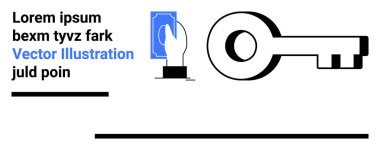Büyük bir anahtarın yanında bir kart tutuyor. Erişim, güvenlik, teknoloji, mahremiyet, anahtar kavramlar, dijital çözümler için basit iniş sayfası için idealdir. Çizgi benzetmesi. Basit satır simgeleri