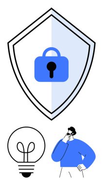 Bir ampulün yanındaki bireysel düşünce, korunmayı temsil eden bir kalkanla birlikte fikirleri sembolize ediyor. Yaratıcılık, problem çözme, güvenlik, yenilik, veri koruması için ideal