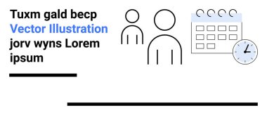 Takvim, zamanlama, zaman yönetimi, planlama, teslim tarihleri, verimlilik ve verimliliği temsil eden iki kişinin minimal tasarımı. Basit bir iniş sayfası için ideal