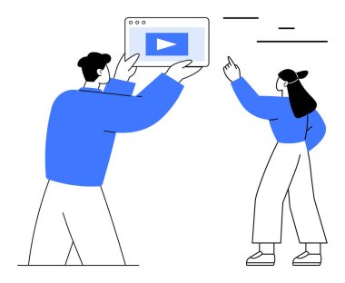 İki insan etkileşime giriyor, biri ekranı bir çalma tuşuyla tutuyor, diğeri de dışını işaret ediyor. Takım çalışması, medya, iletişim, teknoloji, dijital işbirliği, eğitim dairesi metaforu için ideal