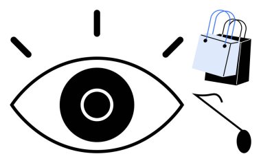 Vurgu çizgileri olan göz sembolü, mavi beyaz alışveriş torbaları ve büyüteç. Pazarlama, tüketici davranışı, perakende analizi, müşteri odağı, alışveriş eğilimleri, piyasa araştırmaları için ideal