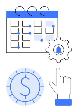 Vurgulanmış tarihli takvim, alarm zilli teçhizat, dolar parası ve zamanlamayı, bildirimleri, finans ve etkileşimi vurgulayan el işaretleri. Planlama ve üretkenlik yönetimi için ideal