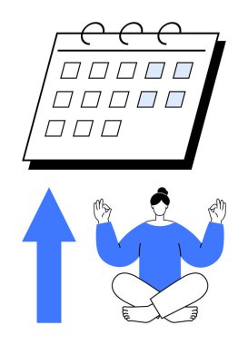 Vurgulanmış tarihli takvim, yukarı doğru ok ve yoga pozisyonunda meditasyon yapan kişi dengeyi sağlıyor. Üretkenlik, refah, kendine bakım, hedef belirleme, farkındalık, kişisel büyüme iş hayatı için ideal