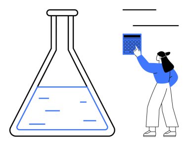 Kadın, bilim, analiz ve karar verme mekanizmasını birbirine bağlayan sıvı içeren bir şişenin yanında hesap makinesiyle etkileşime giriyor. Eğitim, araştırma, kimya, hesaplama ve yenilik için ideal
