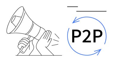 Duyurmak için bir megafon tutan eller, etkileşim akışını gösteren dairesel bir hareketin içindeki P2P metni. Takım çalışması, işbirliği, mesajlaşma, ağ oluşturma, sosyal paylaşım, iletişim için ideal