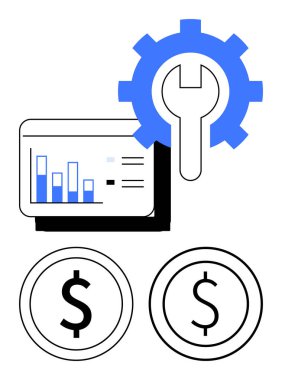 Dijital ekranda çubuk grafik, ingiliz anahtarı ve iki dolarlık paralar. Finans, iş analizi, araçlar, strateji, gelir büyütme bütçe yeniliği için idealdir. Düz basit metafor