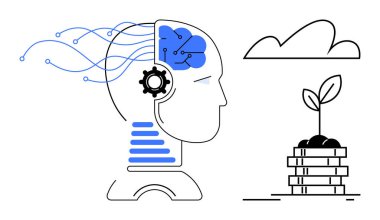 Beyni dijital ipliklerle birbirine bağlı olan insan kafası, yapay zekayı sembolize eden dişliler, istiflenmiş katmanlardan filizlenen bitkilerin yanında. Teknoloji, yenilik, yapay zeka, büyüme, sürdürülebilirlik, müstakbel daire için ideal
