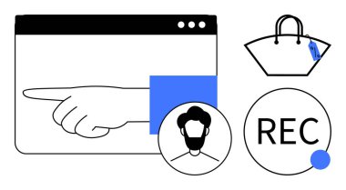 Bir tarayıcı penceresi, kullanıcı profili simgesi, üzerinde REC düğmesi olan bir alışveriş çantası. E-ticaret, kullanıcı etkileşimi, web gezinti, çevrimiçi alışveriş, profil yönetimi için ideal