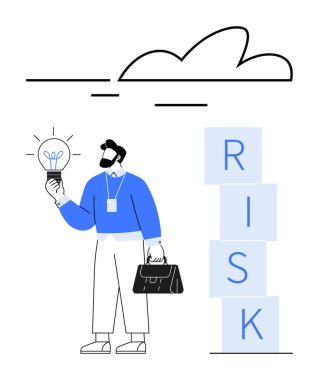 Profesyonel çanta ve ampul, soyut bulutlarla dolu RISK bloklarının yakınında bir fikri simgeliyor. Risk yönetimi, girişimcilik, yenilik, liderlik, strateji için ideal