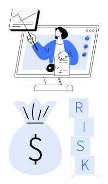 Ekranda işaret, harita, para çantası ve RISK blokları ile finansal verileri sunan kişi. Finans, risk analizi, eğitim, yatırım, raporlar ve soyut düz çizgi metaforu için ideal