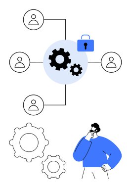 Takım çalışmasını bir ağ, kullanıcı profilleri ve bir veri güvenlik kilidi içinde tasvir eden dişli bağlantıları. İşbirliği, takım çalışması, güvenlik, süreç entegrasyonu, iletişim, sorun çözme dairesi için ideal
