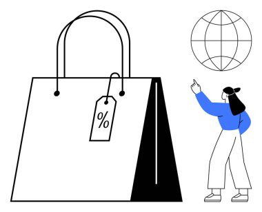 İndirim etiketli alışveriş çantası, küresel sembol ve onu işaret eden kişi. E-ticaret, küresel pazarlar, perakende, tüketim, satış için ideal, çevrimiçi iş sade metaforu