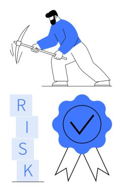 Risk kıran kazmalı, engellenmiş RISK etiketli, işaretli mavi rozetli biri. Risk yönetimi, güvenlik tedbirleri, kişisel büyüme, sorun çözme, değerlendirme çerçeveleri için ideal