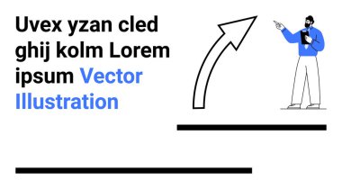 Resmi kıyafetli bir adam, kalın metin bloklarıyla yukarı bakan bir oku işaret ediyor. İş planlaması, büyüme kavramları, takım çalışması, eğitim, sunumlar, analizler, basit iniş sayfası için ideal