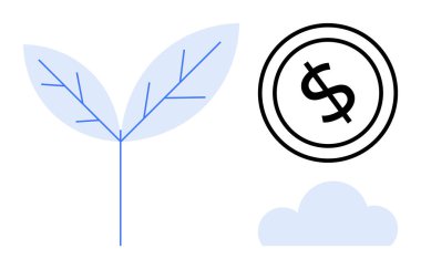 Yaprak doğayı ve büyümeyi sembolize eder, dolar işareti finansal hedefleri temsil eder, ve bulut yenilik ve olasılıkları taşır. Sürdürülebilirlik, finans, yatırım, ekoloji, ticaret ve çevre için ideal