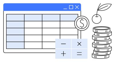 Veri şebekesi, bozuk para yığını, hesap makinesi sembolleri, dolar işareti ve kiraz. Finans, bütçe, yatırım tasarrufu ekonomi vergisi için idealdir. Temiz düz basit metafor