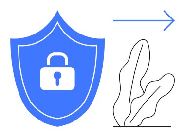 Kilit ikonlu mavi kalkan, ileri ok ve veri koruması, dijital güvenlik ve ilerlemeyi vurgulayan minimum bitki çizimi. Siber güvenlik, şifreleme, güven, büyüme çevrimiçi güvenlik için ideal