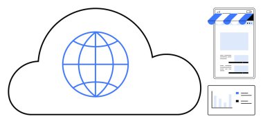 Küre simgesine sahip bulut bağlantıyı, mobil mağaza önü uygulamasını ve analitik gereçleri simgeler. E-ticaret, teknoloji, küreselleşme, pazarlama, iş büyümesi, bulut hesaplama İnternet için ideal