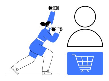 Dambıllarıyla dinamik pozlarda egzersiz yapan bir kadın, soyut kullanıcı profili ve bir alışveriş arabası ikonu. Fitness, e-ticaret, sağlık, kişiselleştirme, yaşam tarzı, pazarlama modern daire için ideal
