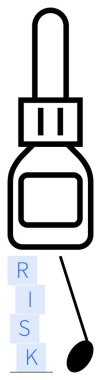 Yığılmış blokların yanında sıvı damlası olan şişe RISK yazılıyor. Kontrol, azaltma ve strateji öneriyor. Sağlık, güvenlik, finans, analiz, sorun çözme soyut önleme için ideal