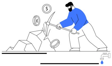 Adam kazmayla taş kırıyor, bozuk para bırakıyor ve musluk damlatıyor. Finans, madencilik, iş gücü, yatırım, kripto para birimi zenginliği ekonomik kaynaklar yaratmak için idealdir. Düz basit metafor
