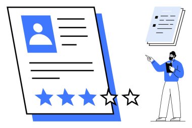 Fotoğraf ve yıldız derecelendirme sistemli çalışan profili. Profesyonel performansı pano ile gözden geçirme, geri bildirim, kalite değerlendirmesi ve verimliliği sembolize ediyor. Değerlendirme için ideal, HR