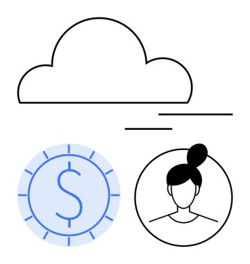 Dolar parası ve kullanıcı profili ikonu olan bulut grafiği. Veri paylaşımı, çevrimiçi depolama, finans, kullanıcı yönetimi, teknoloji, dijital hizmetler, bulut sistemleri için ideal. Düz basit metafor