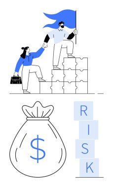 Profesyoneller takım çalışmasını temsil eden bir bayrak ile yapboz parçalarına tırmanıyorlar. Para çantası ve RISK, mali stratejiyi, risk yönetimini, liderliği ve işbirliğini sembolize ediyor. İş için ideal
