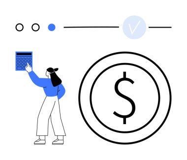 Hesap makinesine basan bir kadın, çemberin içinde dolar, işaretli ilerleme çubuğu. Bütçe yönetimi, finans yönetimi, ödeme, tasarruflar, analitikler ve düz metafor takibi için ideal