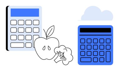 Elma ve brokoliyle eşleştirilen hesap makineleri beslenme, sağlık ve sürdürülebilirlik için finansal planlamayı vurguluyor. Bütçe, sağlıklı yaşam, yemek planlaması, eğitim, finans ve diyet için ideal