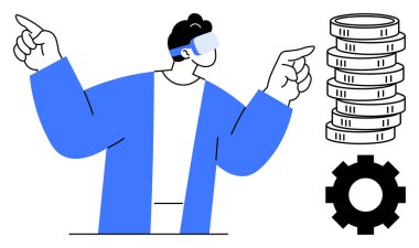 Sanal gerçeklik kulaklığı takan kişi bozuk para yığınına ve vites sembolüne işaret ediyor. Teknoloji, yenilik, finans, gamifikasyon, dijital çözümler, eğitim, takım çalışması için idealdir. Düz basit