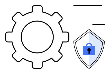 Vites işlevselliği sembolize ediyor. Güvenlik kilidi ile işaretlenmiş bir kalkan var. Siber güvenlik, gizlilik, koruma, teknoloji koruma, güvenli sistemler, veri şifreleme ve erişim için ideal