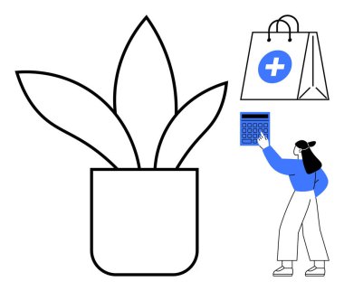 Büyük saksı bitkisi, hesap makinesine basan kadın, çapraz logolu tıbbi alışveriş torbası. Sağlık hizmetleri, tasarruflar, bütçe, tıbbi harcamalar, kişisel finansman alışverişi için ideal. Düz basit