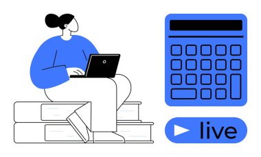 Dizüstü bilgisayarı olan kadın hesap makinesinin ve canlı düğmenin yanında oturuyor, eğitimi temsil ediyor, çevrimiçi sınıflar, matematik yardımı, finansal planlama, ağ örme, e-öğrenme, uzaktan eğitim, düz metafor