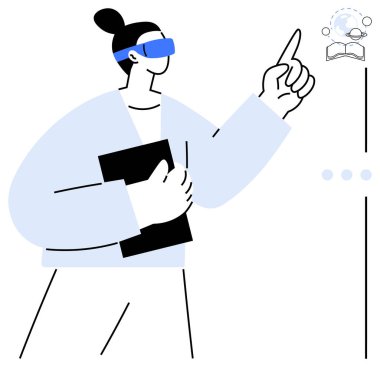 VR kulaklıklı şahıs holografik elementlere bakıyor, elinde bir tablet var. Teknoloji, yenilik, eğitim, sanal gerçeklik, gelecekteki trendler, kullanıcı arayüzü dijital öğrenme için idealdir. Düz basit