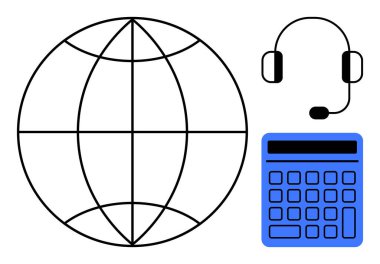 Dünya çapındaki bağlantıyı temsil eden küre, müşteri desteğini sembolize eden kulaklık ve teknolojik çözümler için hesap makinesi. İletişim, destek, finans, ağ, küresel bağlantı için ideal
