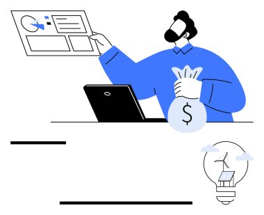Para çantası tutan adam dizüstü bilgisayarın yakınındaki analiz çizelgesinde verileri değerlendiriyor. Ampul rüzgar türbini ve güneş paneli içeriyor. Finans, yatırım, analitik, enerji, sürdürülebilirlik, ticaret, yeşil