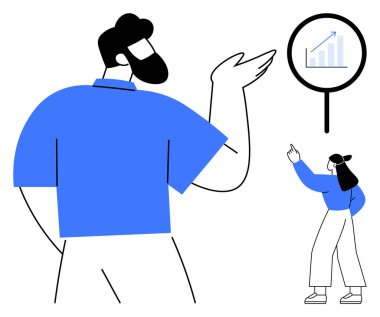 Artan grafiğe işaret eden iki ekip üyesi, işbirliği ve başarı genel değerlendirmesini temsil ediyor. Takım çalışması, analitik, ilerleme, liderlik, strateji, iletişim verimliliği için ideal. Düz basit