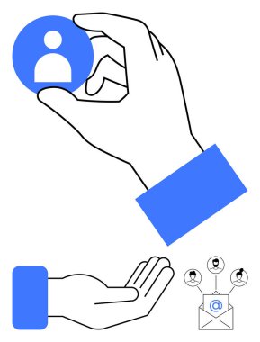 Bir kullanıcı profili simgesini ağ bağlantısı ve e-posta sembolü girdisi olan bir açık avucun üzerinde tutmak. İşe alım, takım oluşturma, kullanıcı yönetimi, iletişim, ağ oluşturma, müşteri edinme için ideal