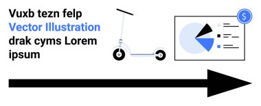 Finansal pasta grafiği ve ilerlemeyi, ulaşımı ve iş kavramlarını vurgulayan büyük oklu elektrikli scooter. Sunumlar, finans, hareketlilik, iş büyümesi ve yenilik için ideal