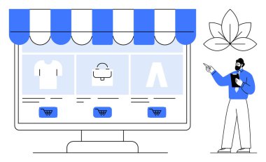 Monitörde dijital vitrin var. Kıyafet eşyaları, alışveriş arabaları ve çizgili paraşütler. Müşteri ürünleri tartışır. E-ticaret, pazarlama, çevrimiçi perakende, alışveriş ve iş büyümesi için ideal